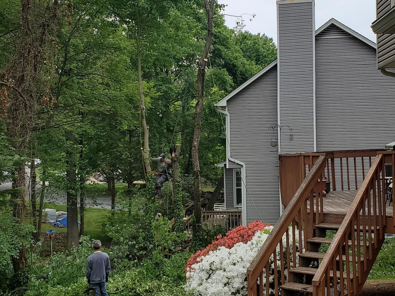 Crew member in a backyard beside a two-story gray home with wooden deck stairs